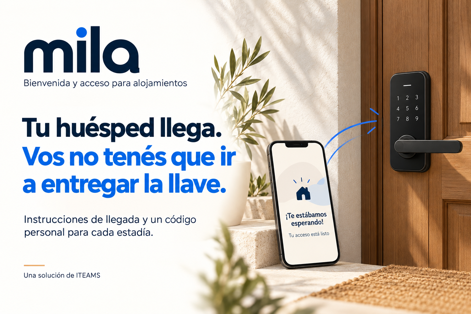 Cerradura electrónica en la puerta de un alojamiento y un celular con una bienvenida